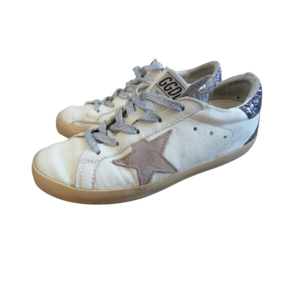 GOLDEN GOOSE Super-Star White Silver Leather Glitter Classic Sneakers Size US 5 - Picture 1 of 15